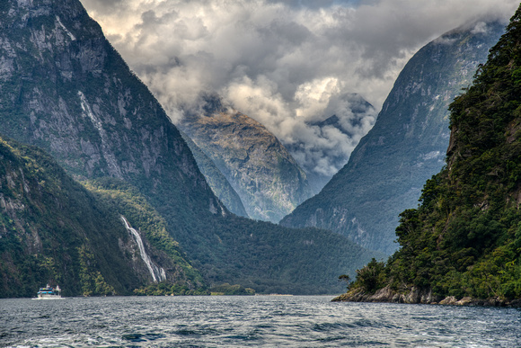 Mountains, Clouds, Waterfall